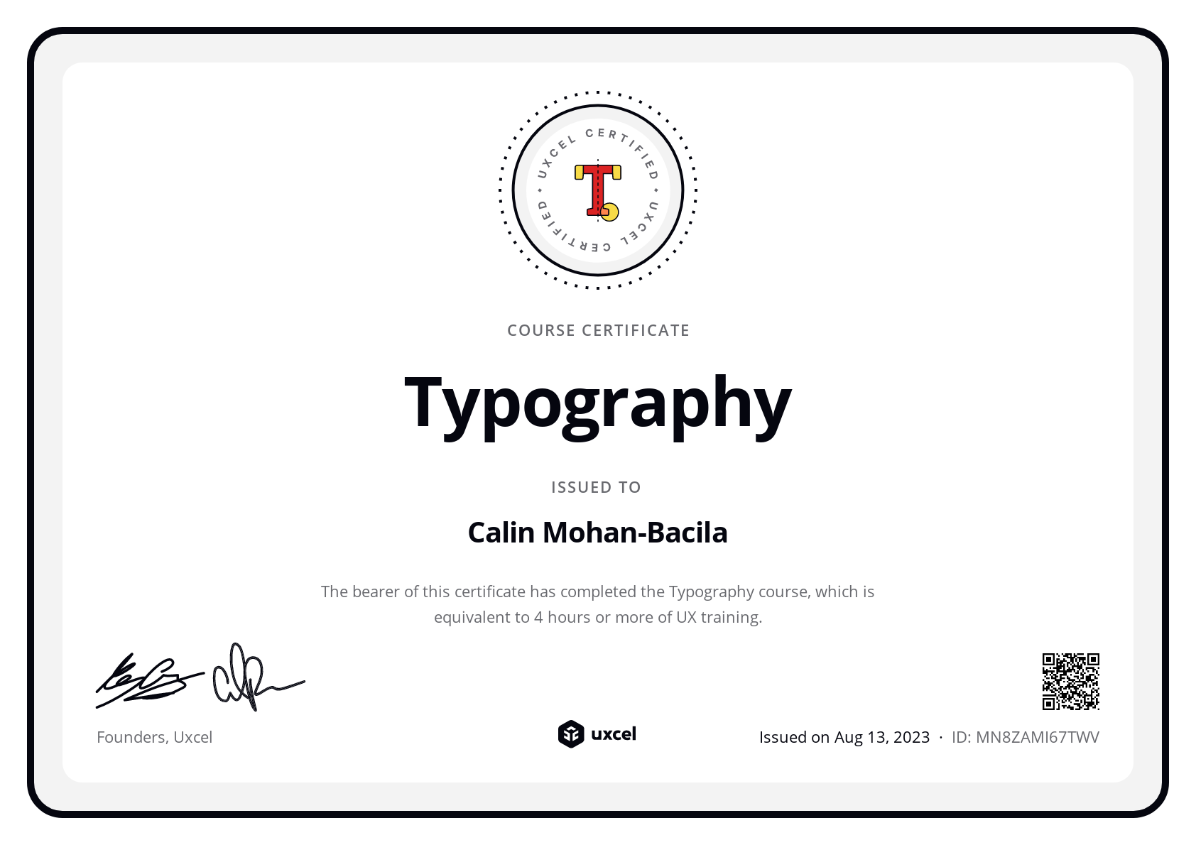 Calin Mohan-Bacila's certificate
